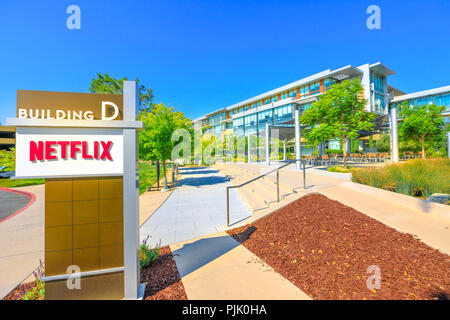 Los Gatos, Ca, Vereinigte Staaten - 12. August 2018: Netflix Hauptsitz im Silicon Valley. Netflix Unterhaltung Service Provider für Filme und TV-Serien auf Abonnement per Internet Streaming. Stockfoto