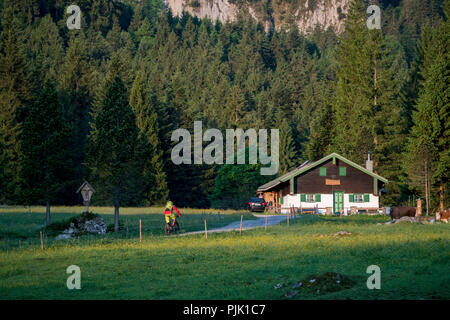 Mountainbike Szene im Längental mit Alm, in der Nähe von Lenggries, Bayerische Alpen, Bayern, Deutschland Stockfoto