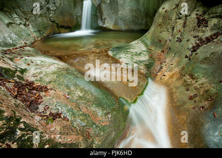 Wasserfall im Bodinggraben, Nationalpark Kalkalpen, Oberösterreich, Österreich. Stockfoto