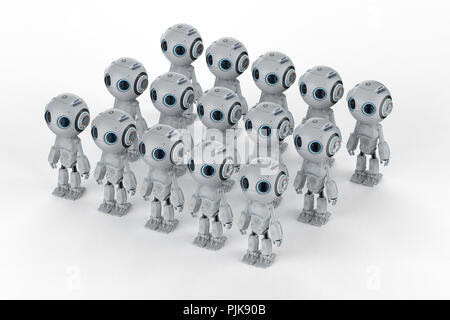 3D-Rendering Group von niedlichen künstliche Intelligenz Roboter mit zeichentrickfigur Stockfoto