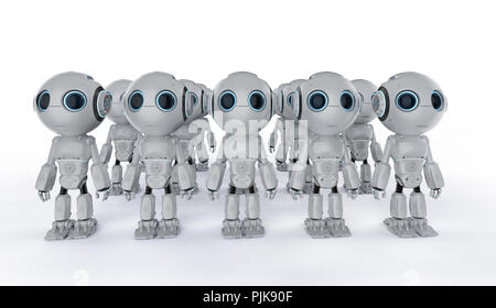 3D-Rendering Group von niedlichen künstliche Intelligenz Roboter mit zeichentrickfigur Stockfoto