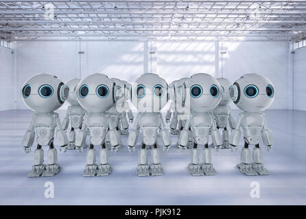 3D-Rendering Group von niedlichen künstliche Intelligenz Roboter mit zeichentrickfigur Stockfoto