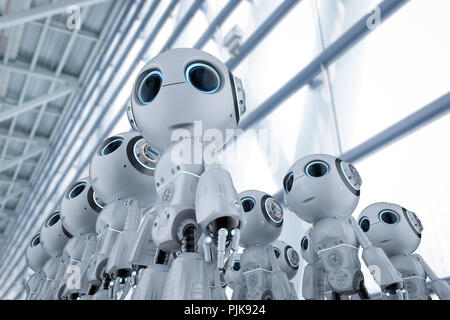 3D-Rendering Group von niedlichen künstliche Intelligenz Roboter mit zeichentrickfigur Stockfoto