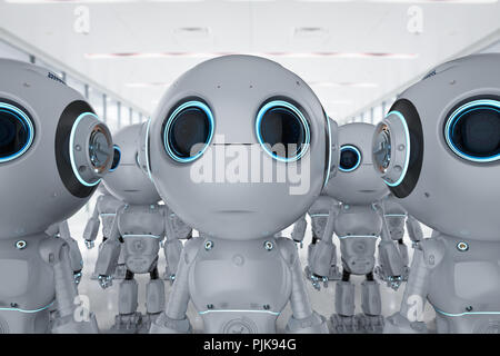 3D-Rendering Group von niedlichen künstliche Intelligenz Roboter mit zeichentrickfigur Stockfoto