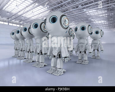 3D-Rendering Group von niedlichen künstliche Intelligenz Roboter mit zeichentrickfigur Stockfoto