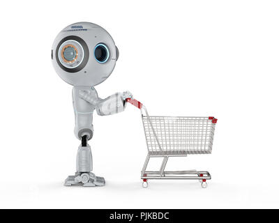 Online shopping Konzept mit 3D-Rendering cute künstliche Intelligenz Roboter mit Warenkorb Stockfoto