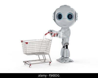 Online shopping Konzept mit 3D-Rendering cute künstliche Intelligenz Roboter mit Warenkorb Stockfoto