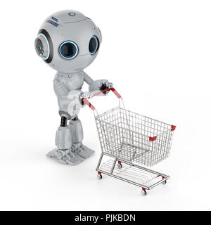 Online shopping Konzept mit 3D-Rendering cute künstliche Intelligenz Roboter mit Warenkorb Stockfoto
