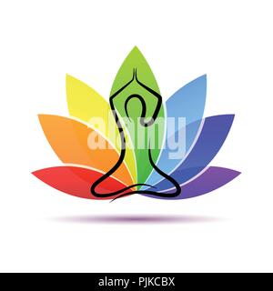 Handzeichnung yoga Person sitzen im Lotussitz Regenbogenfarben Vektor-illustration EPS 10. Stock Vektor