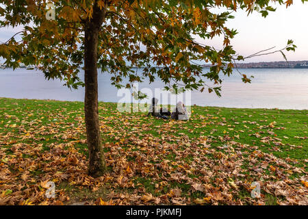 Blick von kanarya Ufer auf kucukcekmece See. See Kucukcekmece ist eine Lagune im europäischen Teil von Istanbul Provinz, Nordwesten der Türkei. Stockfoto