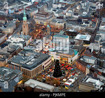 Luftaufnahme, Weihnachtsmarkt Dortmund, Reinoldi Kirche, Weihnachtsbaum, Hansamarkt, Kleppingstraße, Dortmund, Ruhrgebiet, Nordrhein-Westfalen, Deutschland, Europa Stockfoto