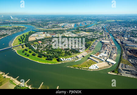 Luftaufnahme, Kasseler Feld, Buhnen an Rhein, Duisburg Hafen unternehmen, Rhein, Duisburg, Ruhrgebiet, Nordrhein-Westfalen, Deutschland Stockfoto