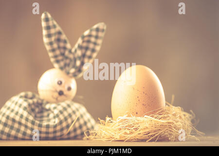 Osterhase betrachtet ein Huhn Ei im Nest, Ostern Motiv, Stockfoto