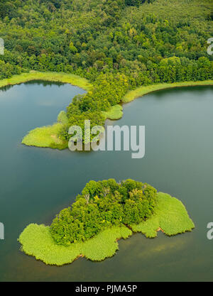 Insel mit Boot in See Krakau, Town Lake mit Halbinseln, Krakau, Krakow am See, Mecklenburgische Seenplatte, Mecklenburgische Schweiz, Mecklenburg-Vorpommern, Deutschland Stockfoto