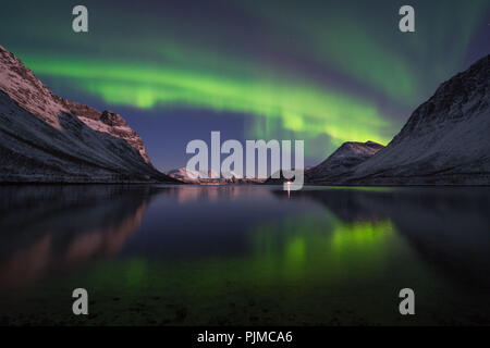 Europa, Norwegen, Troms, tanzenden Nordlichter über Grøtfjord Stockfoto