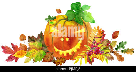 Horizontale Komposition von Kürbis und Blätter im Herbst für Halloween