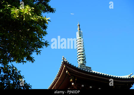 Jet schwebt über die eingerichtete Tipp des historischen Kanei-ji-Tempel Pagode Stockfoto