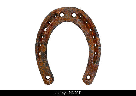 alte rostige Hufeisen isoliert auf weißem Hintergrund Stockfoto