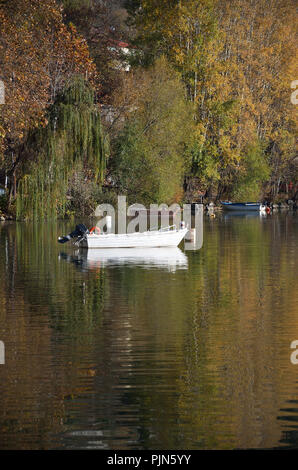 Bäume in Herbstfarben am See und ein weißes Holz- boot wider Stockfoto