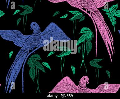 Papageien mit tropischen Blättern nahtlose Muster. Vector Illustration Hand gezeichnet. Stickerei Design. Stock Vektor