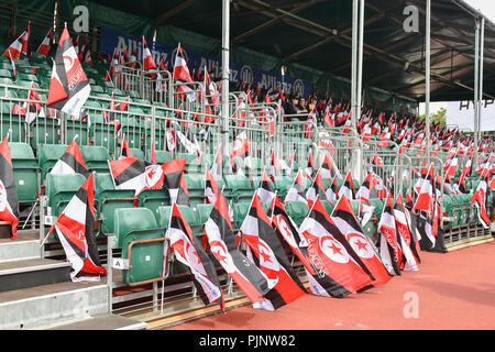 London, Großbritannien. 8. September 2018. Sarazenen home Ventilator stand während Gallagher Premiership Übereinstimmung zwischen Sarazenen und Bristol trägt bei der Allianz Park am Samstag, 08. September 2018. LONDON ENGLAND. Credit: Taka G Wu. Nur die redaktionelle Nutzung, eine Lizenz für die gewerbliche Nutzung erforderlich. Keine Verwendung in Wetten, Spiele oder einer einzelnen Verein/Liga/player Publikationen. Stockfoto