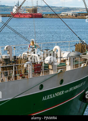 Leith Dock, Leith, Edinburgh, Schottland, Großbritannien. September 2018. Alexander von Humboldt II besucht den Hafen von Leith und ist im Eingangsbecken vertäut. Das 2011 gebaute Schiff ist ein ziviles, viereckiges Rigger-Hochschiff, das Fahrten für Jugendliche im Alter von 15 bis 25 Jahren anbietet und von der Deutschen Stiftung Sail Training (DSST) betrieben wird. Sie tritt in großen Schiffsrennen an Stockfoto