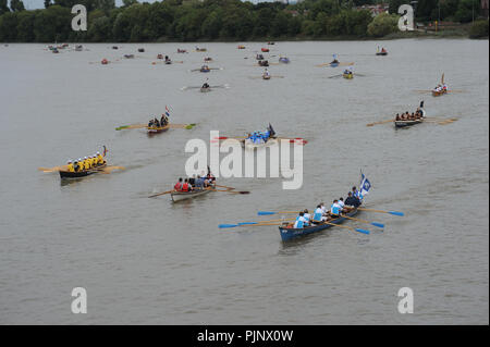 Wettbewerber genießen Sie die Kameradschaft und den Wettbewerb in der Themse Great River Race, von Barnes Bridge, SW 13 gesehen. Stockfoto