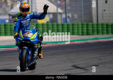 Imola, Italien. September 8, 2018 - 42 ALEX RINS aus Spanien, Suzuki, Ecstar Team Suzuki GSX-RR, Gran Premio Octo di San Marino e della Riviera di Rimini, während der Samstag QP im Marco Simoncelli World Circuit für die 13. Runde der MotoGP-Weltmeisterschaft, die vom 7. bis zum 9. September Quelle: AFP 7/ZUMA Draht/Alamy leben Nachrichten Stockfoto