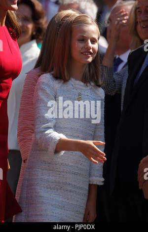 Covadonga, Spanien. 08 Sep, 2018. König Felipe VI. von Spanien, der Königin Letizia von Spanien, Krone Prinzessin Leonor, Prinzessin Sofia nehmen an der 100. Jahrestag der Gründung des Nationalpark von Covadonga's Mountain und die Prinzessin von Asturien Sicht öffnen bei Lagos de Covadonga am 8. September 2018 in Cangas de Onis, Spanien. Credit: Jimmy Olsen/Medien Punch *** Keine Spanien***/Alamy leben Nachrichten Stockfoto