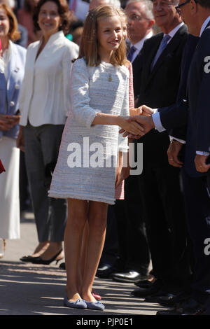 Covadonga, Spanien. 08 Sep, 2018. König Felipe VI. von Spanien, der Königin Letizia von Spanien, Krone Prinzessin Leonor, Prinzessin Sofia nehmen an der 100. Jahrestag der Gründung des Nationalpark von Covadonga's Mountain und die Prinzessin von Asturien Sicht öffnen bei Lagos de Covadonga am 8. September 2018 in Cangas de Onis, Spanien. Credit: Jimmy Olsen/Medien Punch *** Keine Spanien***/Alamy leben Nachrichten Stockfoto