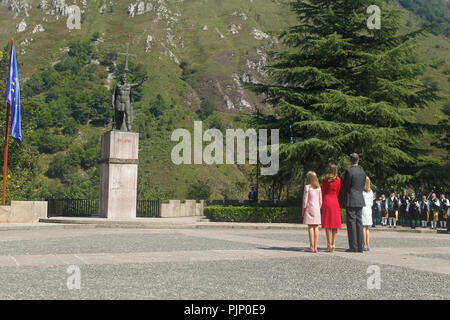 Covadonga, Spanien. 08 Sep, 2018. König Felipe VI. von Spanien, der Königin Letizia von Spanien, Krone Prinzessin Leonor, Prinzessin Sofia nehmen an der 100. Jahrestag der Gründung des Nationalpark von Covadonga's Mountain und die Prinzessin von Asturien Sicht öffnen bei Lagos de Covadonga am 8. September 2018 in Cangas de Onis, Spanien. Credit: Jimmy Olsen/Medien Punch *** Keine Spanien***/Alamy leben Nachrichten Stockfoto
