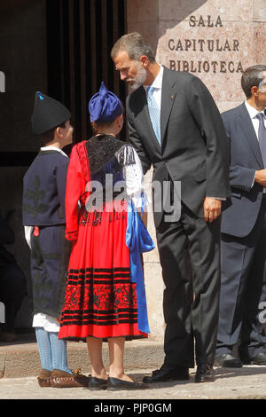 Covadonga, Spanien. 08 Sep, 2018. König Felipe VI. von Spanien, der Königin Letizia von Spanien, Krone Prinzessin Leonor, Prinzessin Sofia nehmen an der 100. Jahrestag der Gründung des Nationalpark von Covadonga's Mountain und die Prinzessin von Asturien Sicht öffnen bei Lagos de Covadonga am 8. September 2018 in Cangas de Onis, Spanien. Credit: Jimmy Olsen/Medien Punch *** Keine Spanien***/Alamy leben Nachrichten Stockfoto