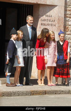 Covadonga, Spanien. 08 Sep, 2018. König Felipe VI. von Spanien, der Königin Letizia von Spanien, Krone Prinzessin Leonor, Prinzessin Sofia nehmen an der 100. Jahrestag der Gründung des Nationalpark von Covadonga's Mountain und die Prinzessin von Asturien Sicht öffnen bei Lagos de Covadonga am 8. September 2018 in Cangas de Onis, Spanien. Credit: Jimmy Olsen/Medien Punch *** Keine Spanien***/Alamy leben Nachrichten Stockfoto