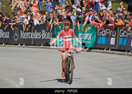 Lenzerheide, Schweiz. 8. September 2018. Annika Langvad während der UCI Mountainbike Weltmeisterschaften 2018 Frauen Elite Cross Country Olympic XCO in Lenzerheide. Credit: Rolf Simeon/Alamy leben Nachrichten Stockfoto