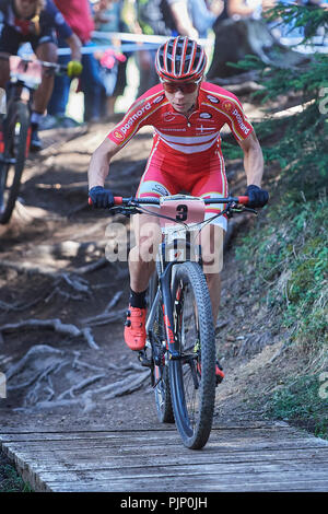 Lenzerheide, Schweiz. 8. September 2018. Annika Langvad während der UCI Mountainbike Weltmeisterschaften 2018 Frauen Elite Cross Country Olympic XCO in Lenzerheide. Credit: Rolf Simeon/Alamy leben Nachrichten Stockfoto