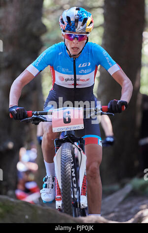 Lenzerheide, Schweiz. 8. September 2018. Emily Batty während der UCI Mountainbike Weltmeisterschaften 2018 Frauen Elite Cross Country Olympic XCO in Lenzerheide. Credit: Rolf Simeon/Alamy leben Nachrichten Stockfoto