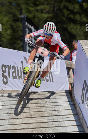 Lenzerheide, Schweiz. 8. September 2018. Maja Wloszczowska während der UCI Mountainbike Weltmeisterschaften 2018 Frauen Elite Cross Country Olympic XCO in Lenzerheide. Credit: Rolf Simeon/Alamy leben Nachrichten Stockfoto