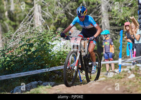 Lenzerheide, Schweiz. 8. September 2018. Emily Batty während der UCI Mountainbike Weltmeisterschaften 2018 Frauen Elite Cross Country Olympic XCO in Lenzerheide. Credit: Rolf Simeon/Alamy leben Nachrichten Stockfoto