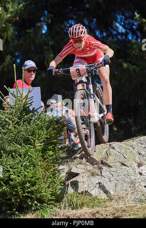 Lenzerheide, Schweiz. 8. September 2018. Annika Langvad während der UCI Mountainbike Weltmeisterschaften 2018 Frauen Elite Cross Country Olympic XCO in Lenzerheide. Credit: Rolf Simeon/Alamy leben Nachrichten Stockfoto