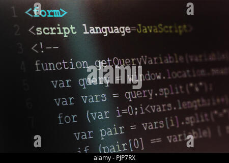 Nahaufnahme Makroaufnahme selektiven Fokus von Java Script Programmiersprache auf dem Computer angezeigt. Stockfoto