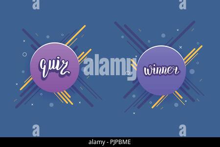 Quiz und Sieger. Handschriftliche Beschriftung mit rundem Badge. Für social media network Vorlage. Vector Illustration. Stock Vektor