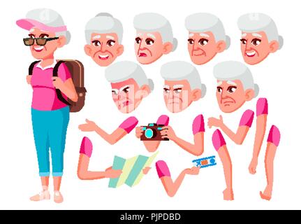 Alte Frau Vektor. Ältere Person. Alter, ältere Menschen. Freundlich, Jubeln. Gesicht Emotionen, verschiedenen Gesten. Animation erstellen. Isolierte flache Zeichentrickfigur Abbildung Stock Vektor