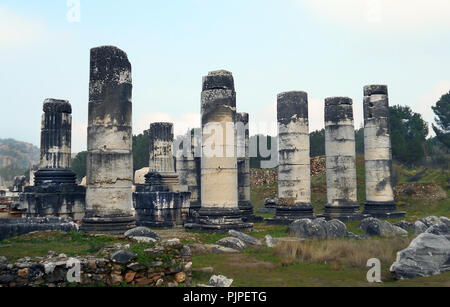 Einige der verbleibenden Pfeiler und Säulen, die jetzt die Ruinen des Tempels der Artemis von Ephesus/Sardes in der Türkei. Stockfoto