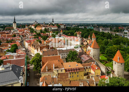 Atemberaubende Luftaufnahme der mittelalterlichen Türme und die Altstadt von Tallinn, Estland, von der Oberseite des St. Olav's Church Bell Tower Stockfoto