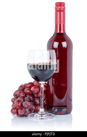 Flasche Wein Glas Alkohol trinken roten Trauben auf weißem Hintergrund Stockfoto