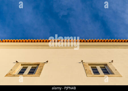 Bottom-up-Sicht auf die Fassade eines Hauses in Estremoz, Portugal. Symmetrische Ansicht mit 2 Fenstern und 4 Schwalben auf beiden Seiten thront. Sonnenuntergang, blauer Himmel. Stockfoto