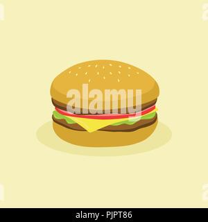 Hamburger mit mit Fleisch, Tomaten, Käse und Salat in hellbraunem Hintergrund Vector Illustration Stock Vektor
