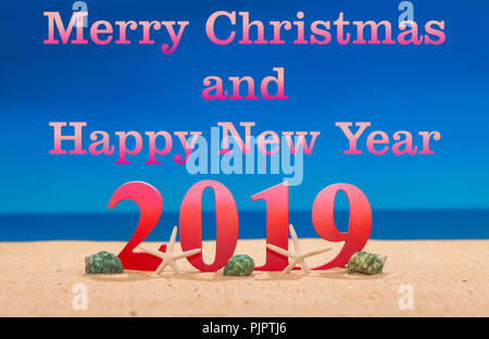 Frohe Weihnachten und ein glückliches neues Jahr 2019 schmücken mit Muschel am Strand Stockfoto