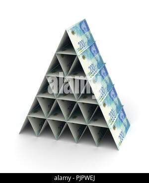 Israelischer neuer Schekel Pyramide auf weißem Hintergrund Stockfoto