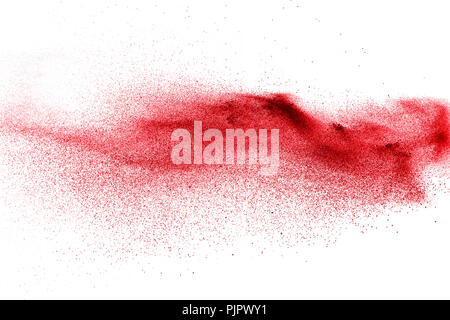 Roter Staub Partikel explosioon auf weißem Hintergrund. Stockfoto